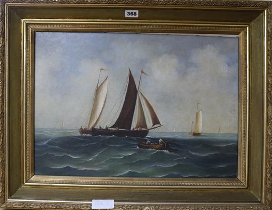 19th century English School, oil on canvas, fishing boats at sea 35 x 50cm